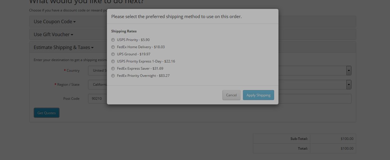 OpenCart Shipping Estimator with rates from Plugin